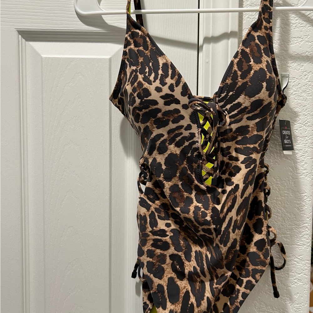 Bar III Beach Cheetah Lace-Up One-Piece Swimsuit - Picture 7 of 8
